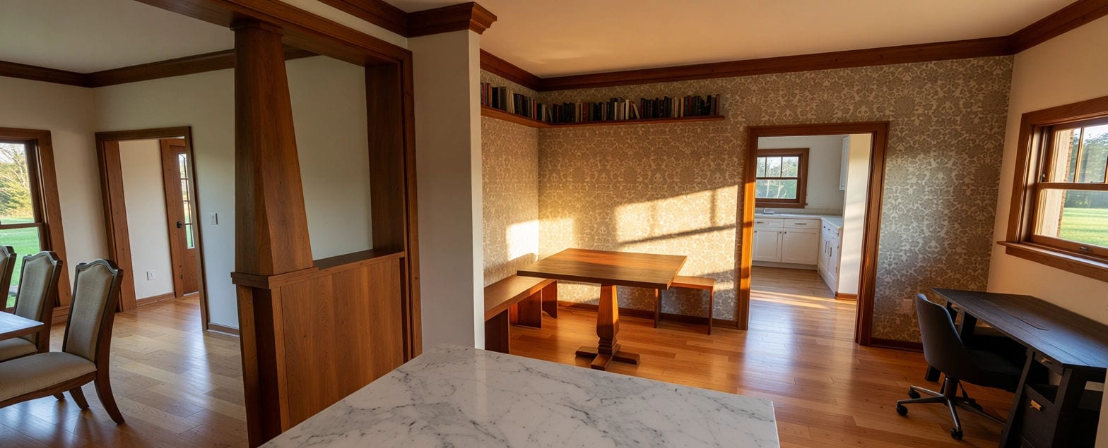 Kitchen and dining room with wood trim